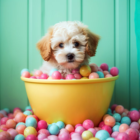 Cute little poodle puppy in bath with colorful easter eggs.の素材