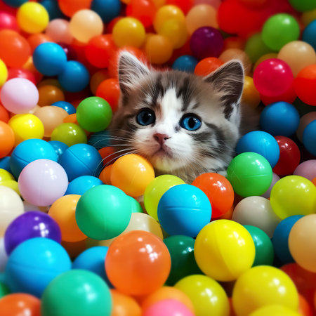 Cute little kitten playing in colorful plastic balls, close-upの素材