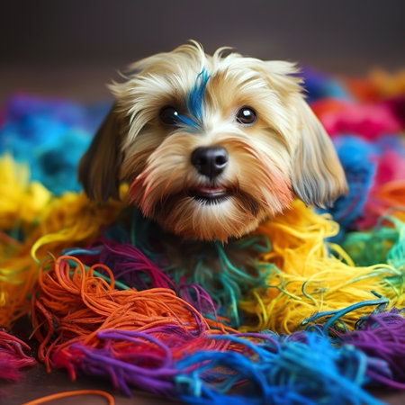 Yorkshire Terrier with colorful threads on a dark background close upの素材