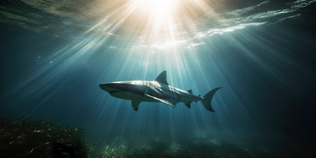 Picture shows a great white shark at the bottom of the ocean.の素材