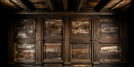 Wooden door of an old house in the dark. 3d renderingの素材