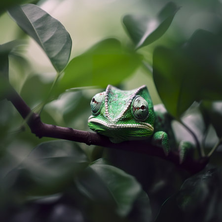 Green chameleon sitting on a tree branch in the forest.の素材
