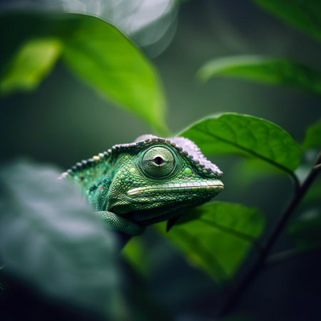 Green chameleon on a leaf in the forest. Close up.の素材