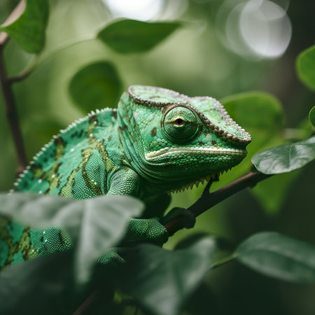 Close up of a chameleon on a tree branch in natureの素材