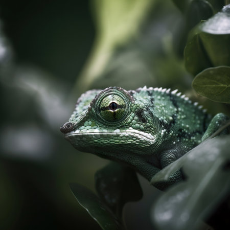 Close up of a chameleon sitting on a tree branch.の素材