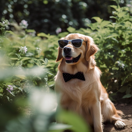 Golden Retriever in sunglasses and bow tie sitting in the gardenの素材