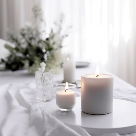 Burning candles on table in room, closeup. Space for textの素材