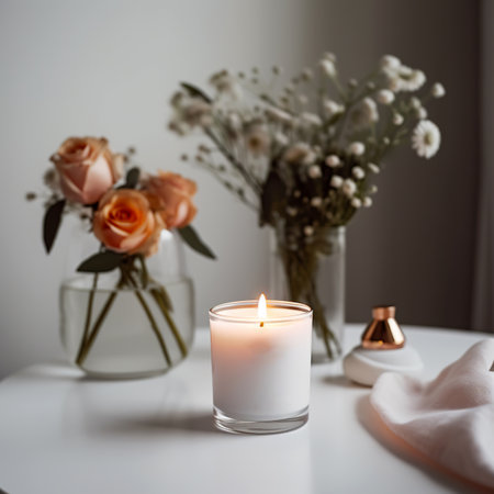 Burning candle in glass vase with flowers on table in roomの素材