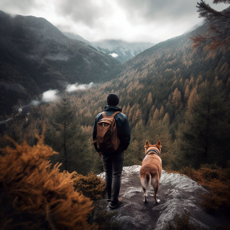 Man with backpack and dog on top of the mountain in the autumn.の素材