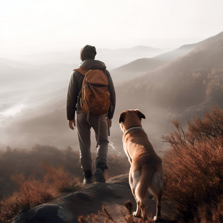 Man with backpack and dog on the peak of a mountain in the fogの素材