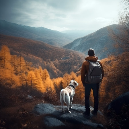 Man with a dog in the mountains. The concept of travel and active life.の素材