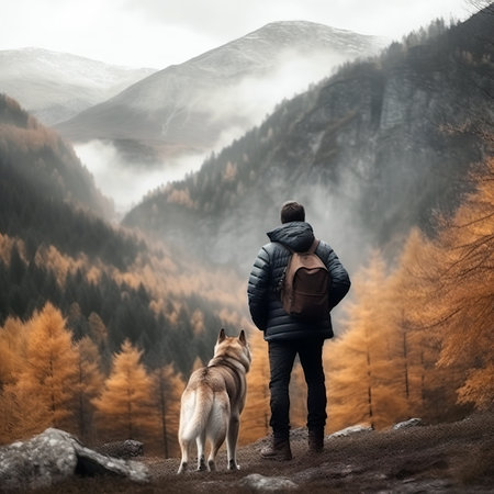 Man with a dog on the background of a beautiful autumn landscape.の素材