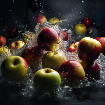 Fresh red and yellow apples falling into water with splash on black backgroundの素材