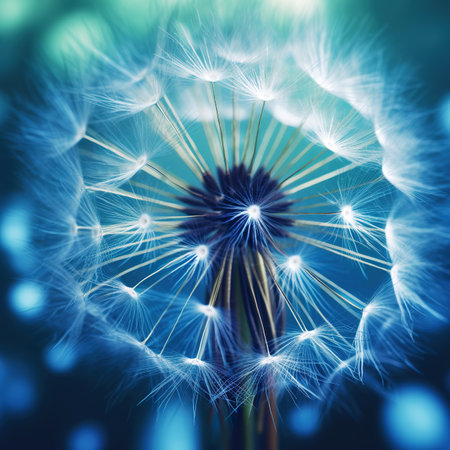 Dandelion seeds flying in the wind on a blue background.の素材