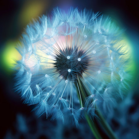 Dandelion flower macro close up on colorful bokeh backgroundの素材