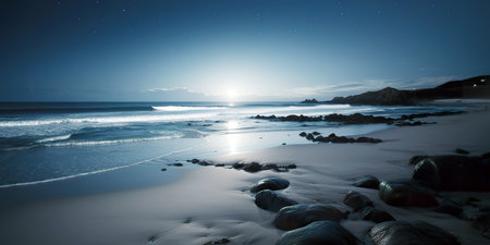 Long exposure image of a beach at night with rocks in the foregroundの素材