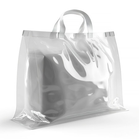 Plastic bag isolated on white background. 3D rendering. Blank shopping bag.の素材
