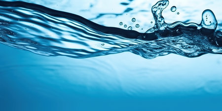 Water splash with bubbles on blue background. Close-up of water surface.の素材