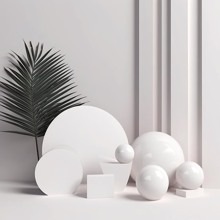 3d render of abstract minimal geometric forms. Glossy white podium for cosmetic product presentation.の素材