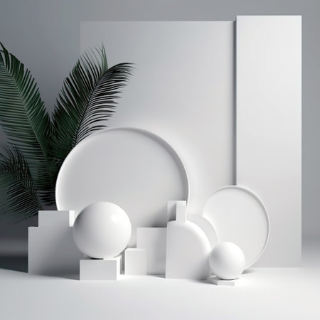 3d render, abstract background, minimal scene with geometric shapes, podiums and palm leavesの素材