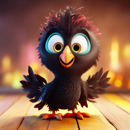 Cute little black bird with big eyes in front of burning fireplaceの素材