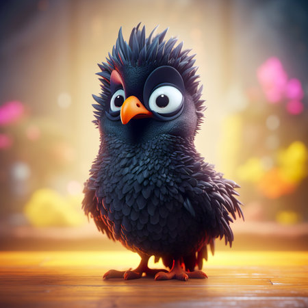 Funny black bird with big eyes standing on a wooden floor.の素材