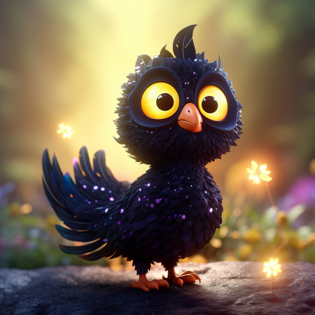 3d rendering of a little black owl in the garden at nightの素材