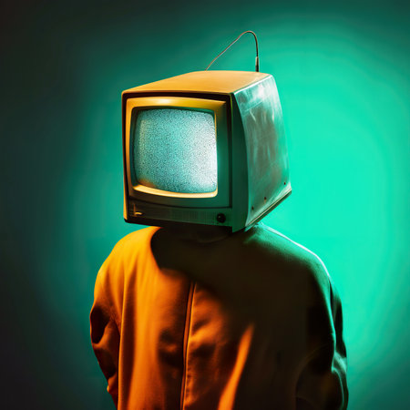 A man in a hoodie with an old TV on a green backgroundの素材