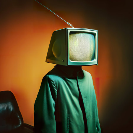 Retro TV on the head of a man in a green jacketの素材