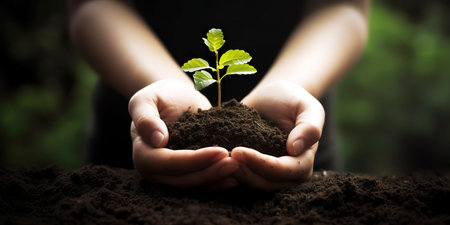 Close up of female hands holding green plant in soil with blurred backgroundの素材