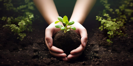 Close-up of human hands holding sprout with soil on backgroundの素材