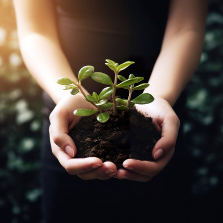 Young woman hands holding small green sprout in soil over dark backgroundの素材