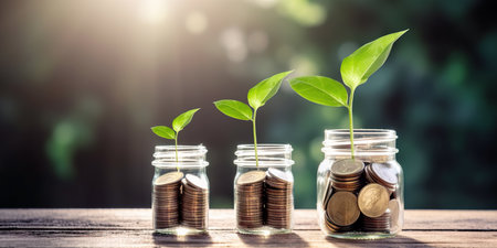 plant growing out of coins in glass jar with filter effect retro vintage styleの素材