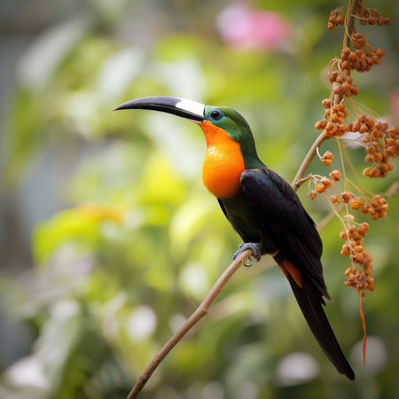 Toucan perched on a branch with flowers in the background.の素材