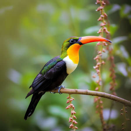 Colorful tucan bird perching on a branch in natureの素材