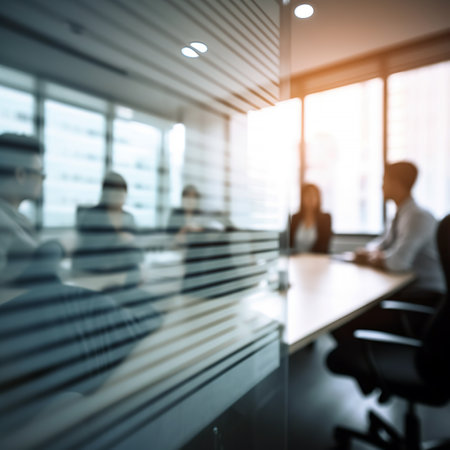 Blurred background of business people in meeting room with window blindsの素材
