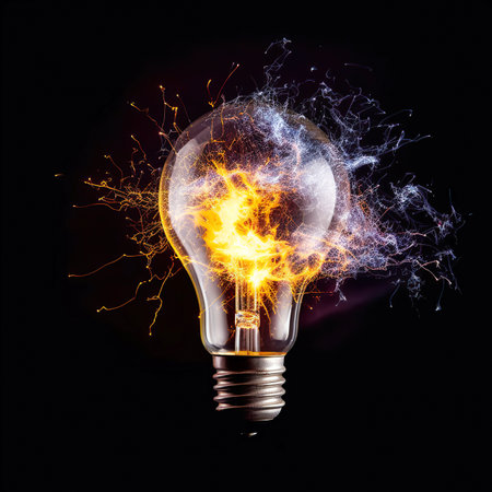 Glowing electric light bulb with electrical sparks, isolated on black backgroundの素材
