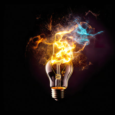 Lightbulb with fire flames on dark background. 3D renderingの素材