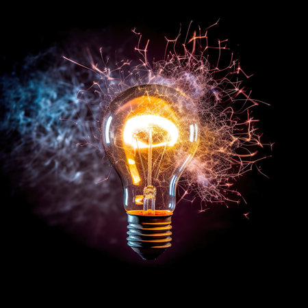 Incandescent light bulb with sparks on black background, idea conceptの素材