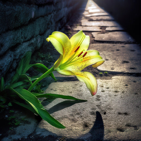 Yellow lily on a stone path in the rays of the sunの素材