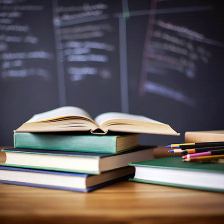 Stack of books and pencils on wooden table with blackboard backgroundの素材
