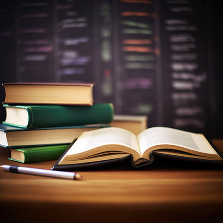 Books and pen on wooden table. Education background. Back to school.の素材