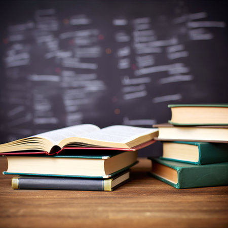 Books on a wooden table against the background of the school blackboardの素材