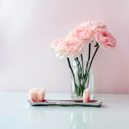 Pink carnation flowers in a glass vase on a white tableの素材