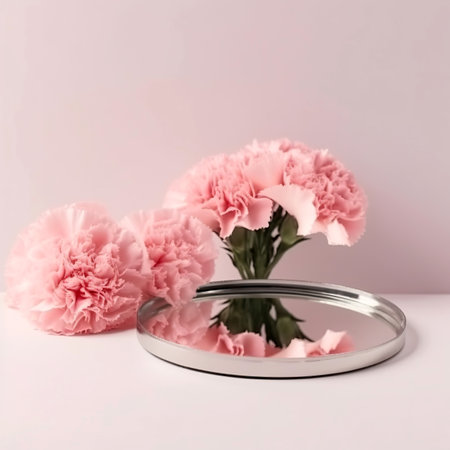 pink carnation flowers with mirror on pink background, copy spaceの素材