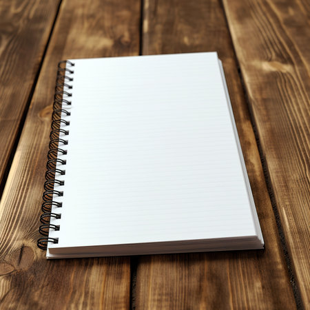 Blank notepad on a wooden table. Mockup for designの素材