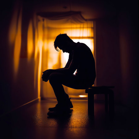 Silhouette of a sad man sitting on a chair in a dark roomの素材