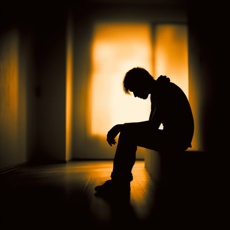 A silhouette of a depressed man sitting on the floor at home.の素材