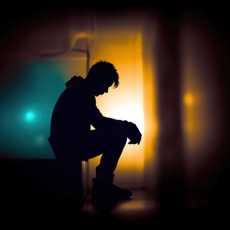 Silhouette of a sad man sitting on the stairs at nightの素材