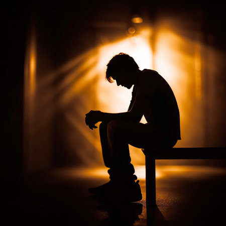 Silhouette of a sad young man sitting on a bench at nightの素材